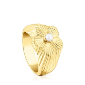 Tous Flower Signet With Cultured Pearl Iris Motif Ring Gold | Österreich-IEMNJV916