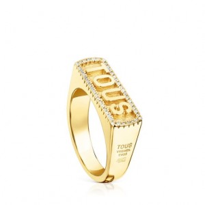 Tous Signet With Diamonds Logo Ring Gold | Österreich-CSANJQ082