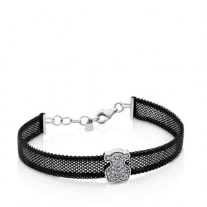 Tous Steel With Diamonds Bear Motif 08cm 020ct Icon Mesh Armband Schwarz Silber | Österreich-NAMQWL843