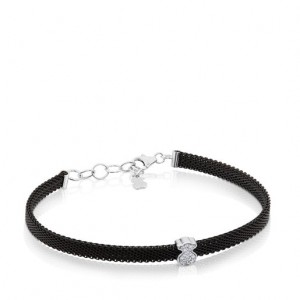 Tous Steel With Diamonds Bear Motif Icon Mesh Armband Schwarz Silber | Österreich-UWKHMO649
