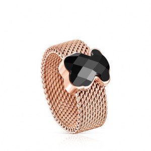 Tous Steel With Faceted Onyx Bear Motif Mesh Color Ring Rosa Gold | Österreich-TBURNA769