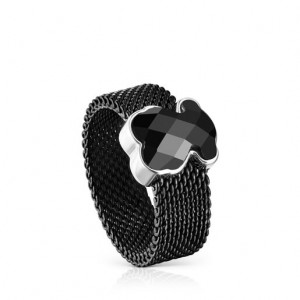Tous Steel With Onyx Bear Motif Mesh Color Ring Schwarz | Österreich-KMGLPC731