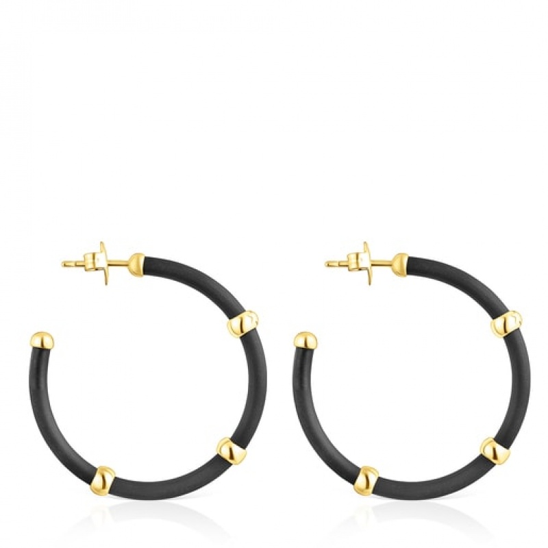 Tous And St Tropez Caucho Hoop Ohrringe Schwarz Gold | Österreich-VXWFMQ973