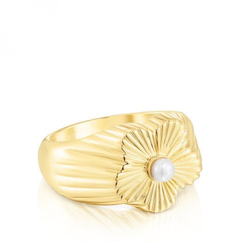 Tous Flower Signet With Cultured Pearl Iris Motif Ring Gold | Österreich-IEMNJV916