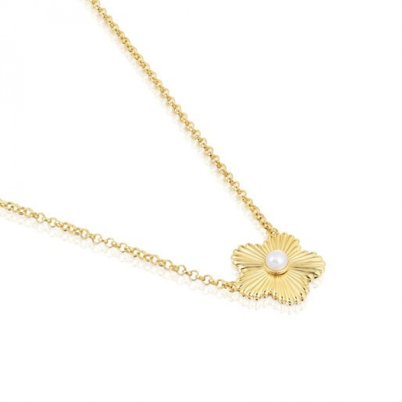 Tous Flower With Cultured Pearl Iris Motif Halskette Gold | Österreich-HMUXVQ280