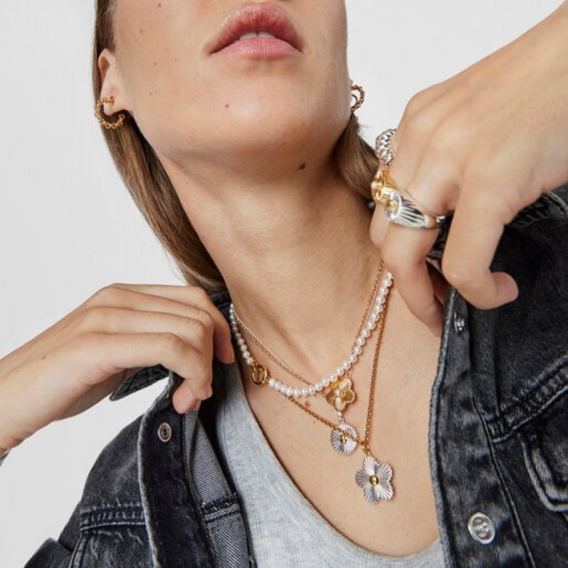 Tous Flower With Cultured Pearl Iris Motif Halskette Gold | Österreich-HMUXVQ280