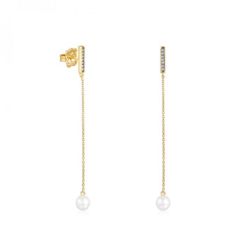 Tous Long Nocturne Bar With Diamonds Pearl Ohrringe Gold | Österreich-QVOZXG417