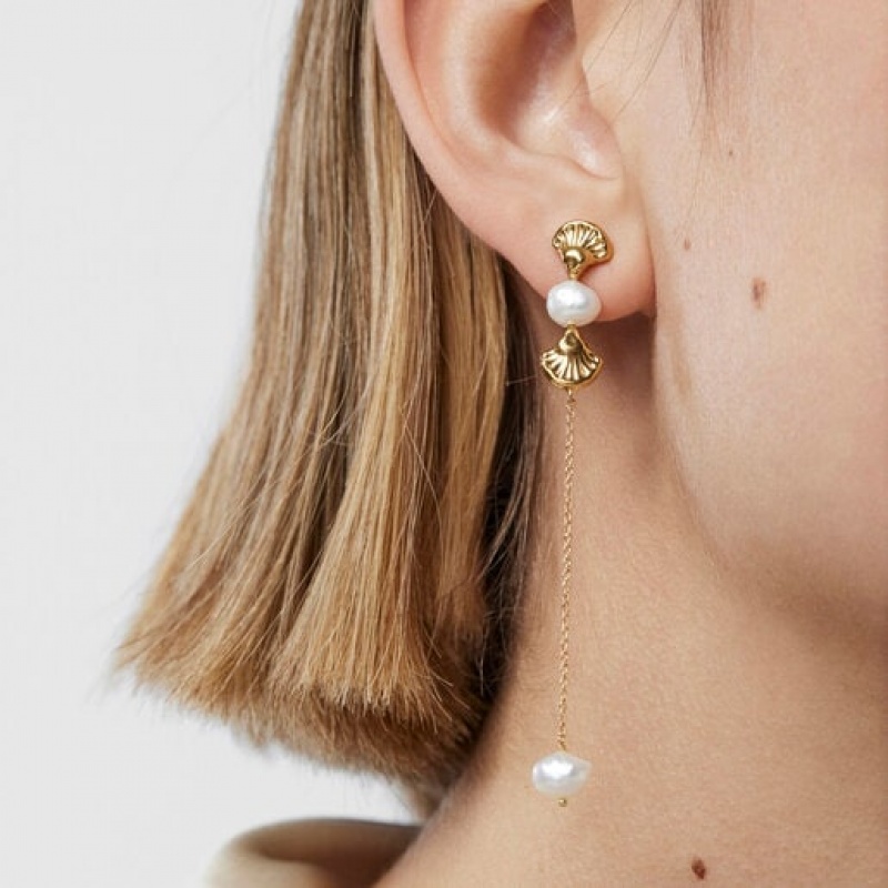 Tous Long Oceaan Shell With Pearls Ohrringe Gold | Österreich-EQNSXF185