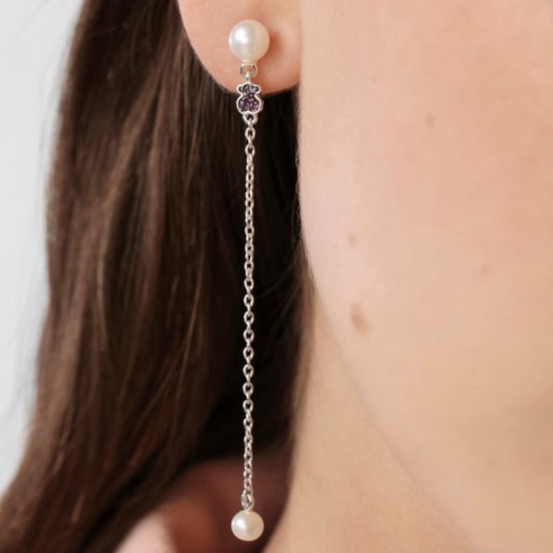 Tous New Motif Long With Chrome Diopside Amethyst Pearls Ohrringe Silber | Österreich-KYWTLI153