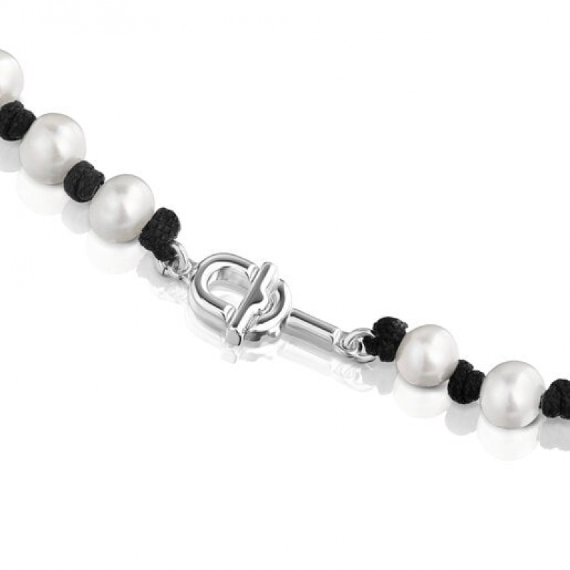 Tous Nylon With Cultured Pearls Manifesto Halskette Silber Schwarz | Österreich-ZVKTFC175