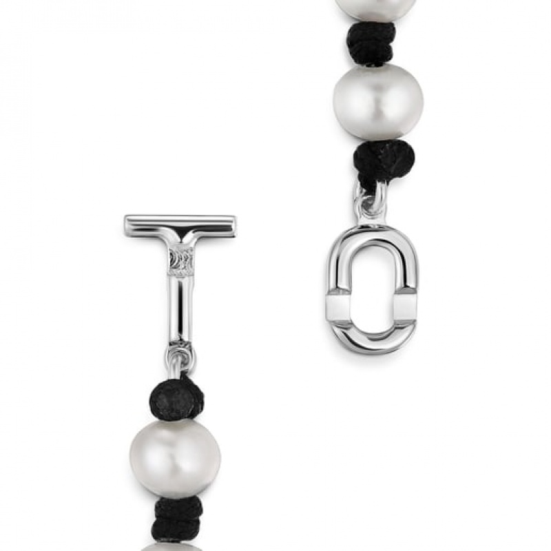 Tous Nylon With Cultured Pearls Manifesto Halskette Silber Schwarz | Österreich-ZVKTFC175