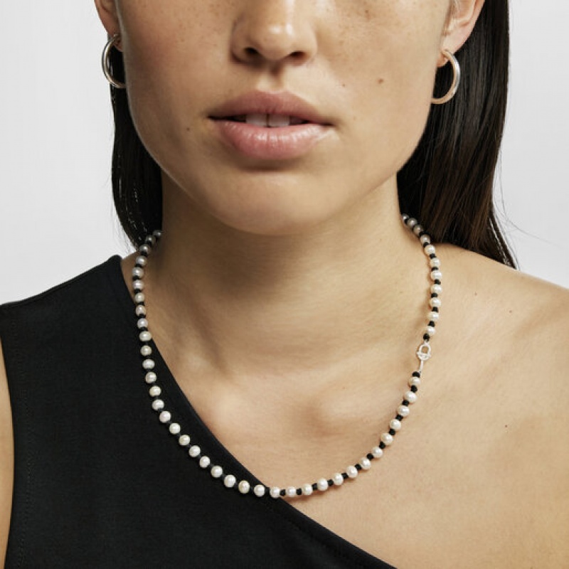 Tous Nylon With Cultured Pearls Manifesto Halskette Silber Schwarz | Österreich-ZVKTFC175