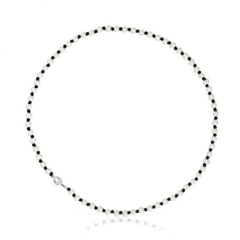 Tous Nylon With Cultured Pearls Manifesto Halskette Silber Schwarz | Österreich-ZVKTFC175