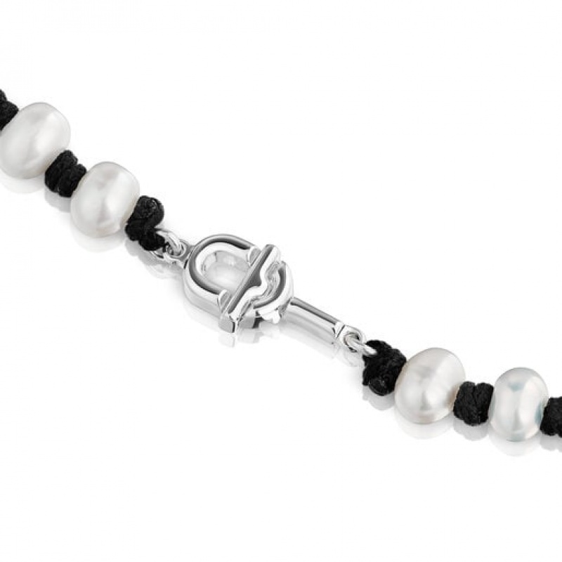 Tous Nylon With Cultured Pearls Manifesto Halskette Silber Schwarz | Österreich-VXBIGJ852