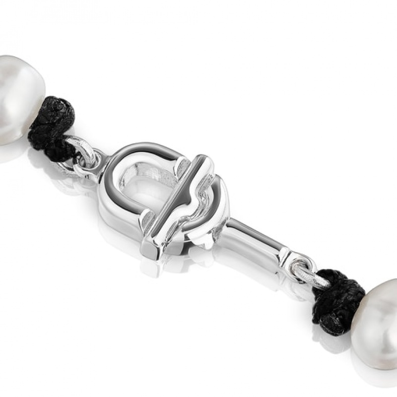 Tous Nylon With Cultured Pearls Manifesto Halskette Silber Schwarz | Österreich-VXBIGJ852