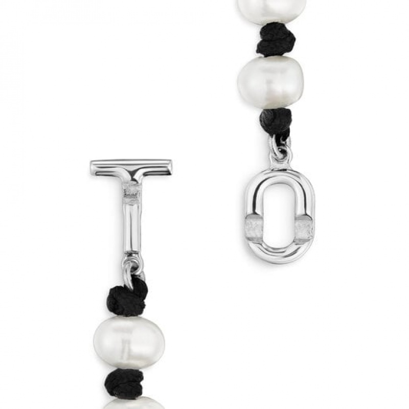 Tous Nylon With Cultured Pearls Manifesto Halskette Silber Schwarz | Österreich-VXBIGJ852