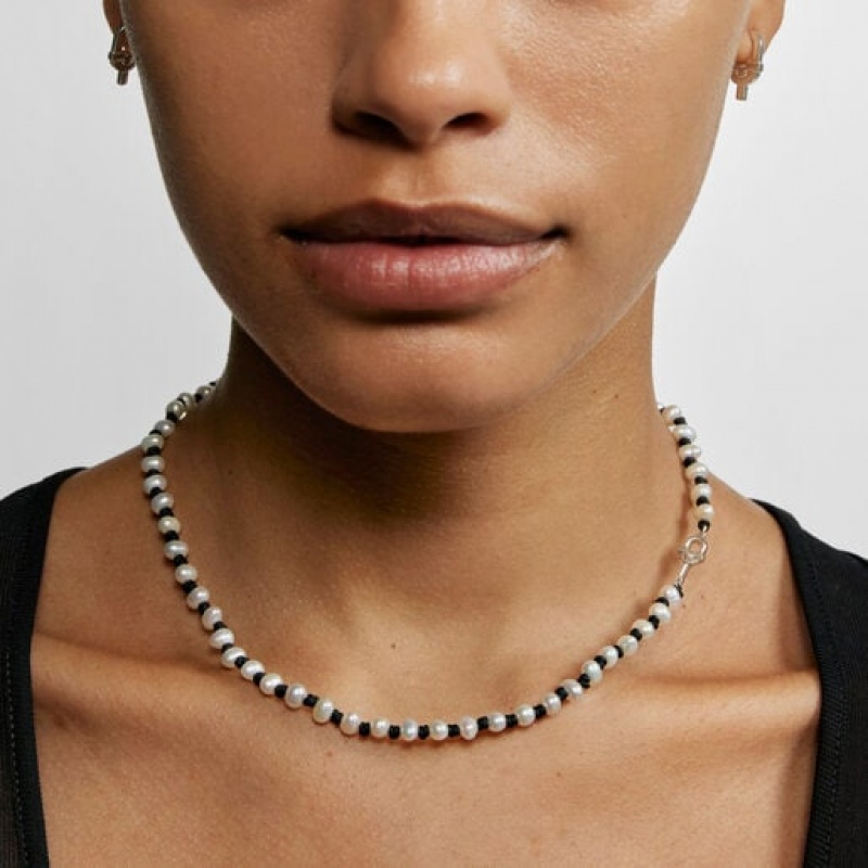 Tous Nylon With Cultured Pearls Manifesto Halskette Silber Schwarz | Österreich-VXBIGJ852