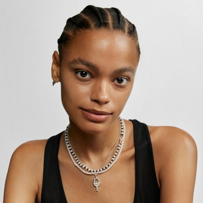 Tous Nylon With Cultured Pearls Manifesto Halskette Silber Schwarz | Österreich-VXBIGJ852