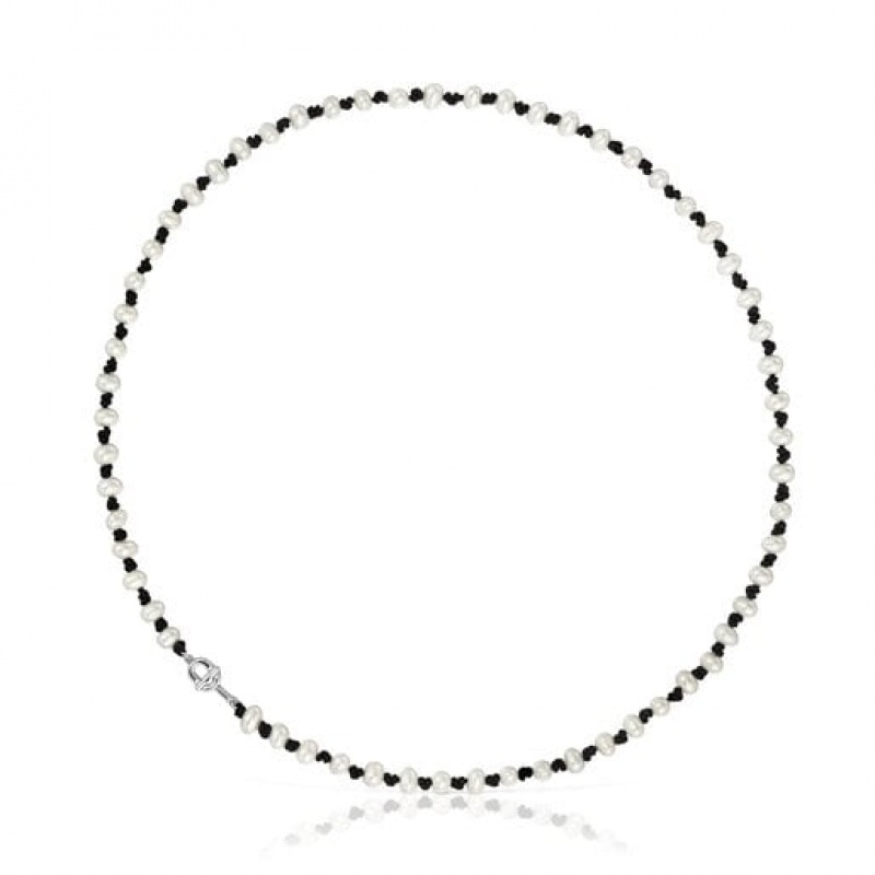 Tous Nylon With Cultured Pearls Manifesto Halskette Silber Schwarz | Österreich-VXBIGJ852
