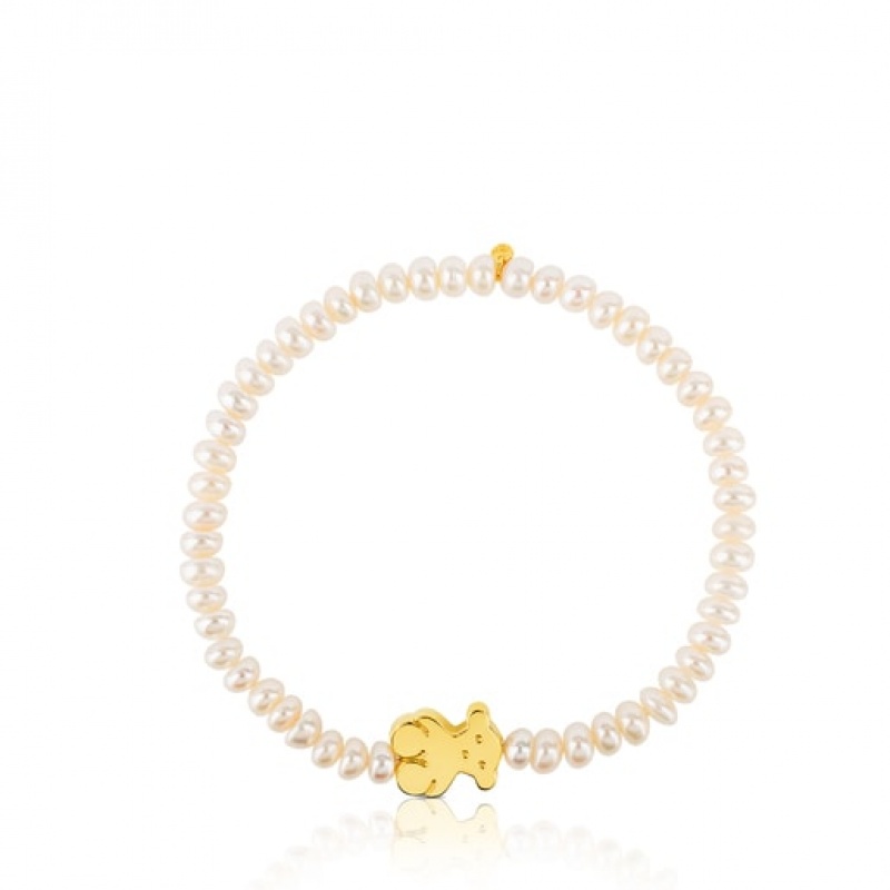 Tous Pearls Medium Bear Motif Sweet Dolls Armband Weiß Gold | Österreich-RJZYHL970