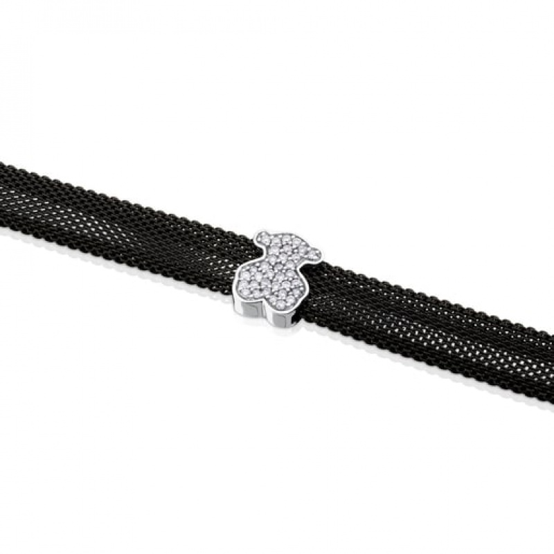 Tous Steel With Diamonds Bear Motif 08cm 020ct Icon Mesh Armband Schwarz Silber | Österreich-NAMQWL843