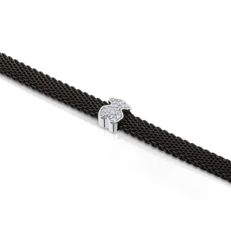 Tous Steel With Diamonds Bear Motif Icon Mesh Armband Schwarz Silber | Österreich-UWKHMO649