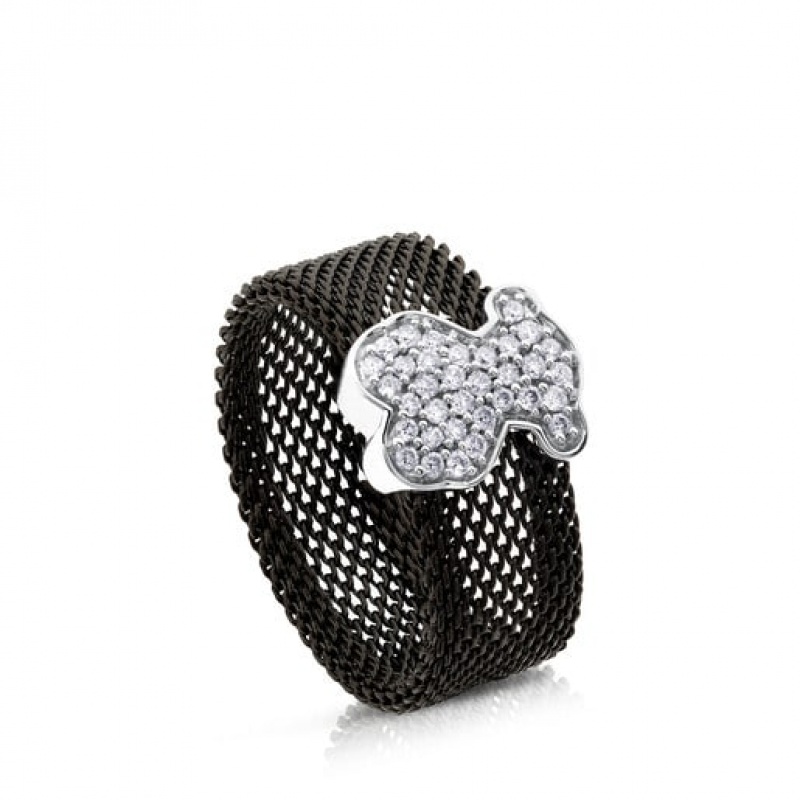 Tous Steel With Diamonds Bear Motif Icon Mesh Ring Schwarz | Österreich-TQRNAD968
