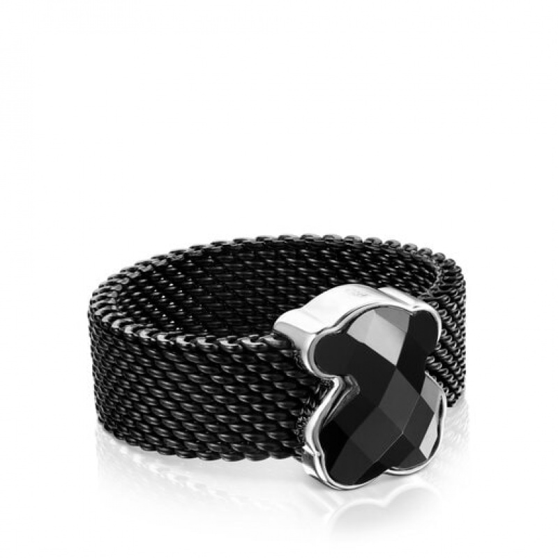 Tous Steel With Onyx Bear Motif Mesh Color Ring Schwarz | Österreich-KMGLPC731