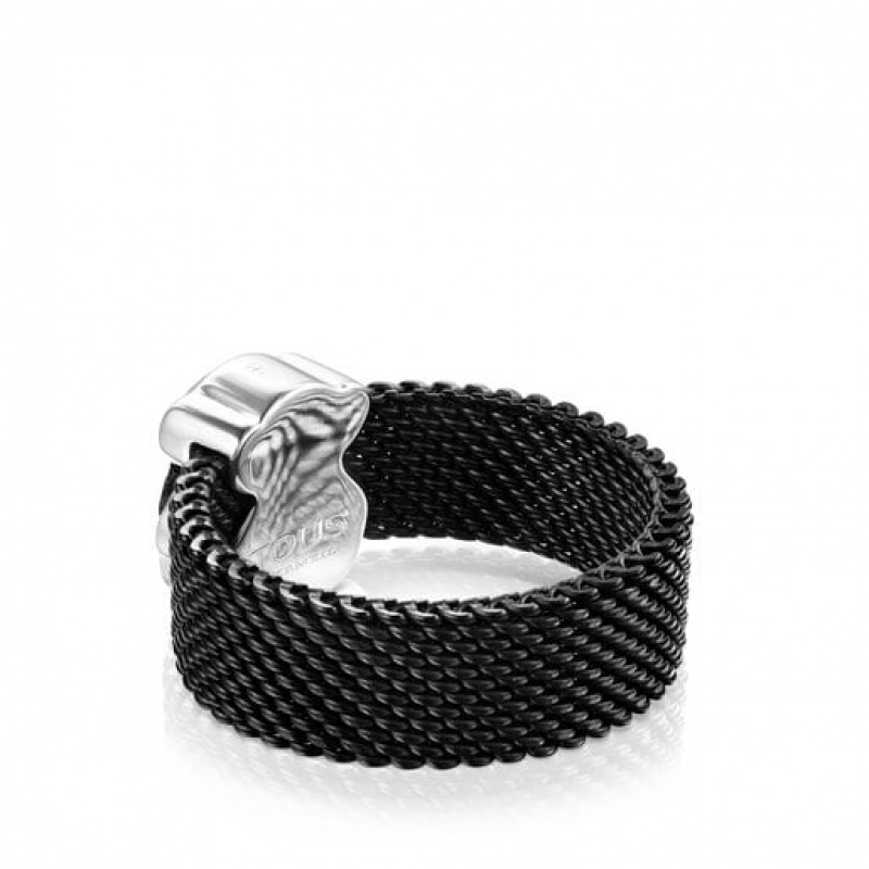 Tous Steel With Onyx Bear Motif Mesh Color Ring Schwarz | Österreich-KMGLPC731