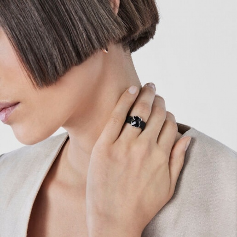Tous Steel With Onyx Bear Motif Mesh Color Ring Schwarz | Österreich-KMGLPC731