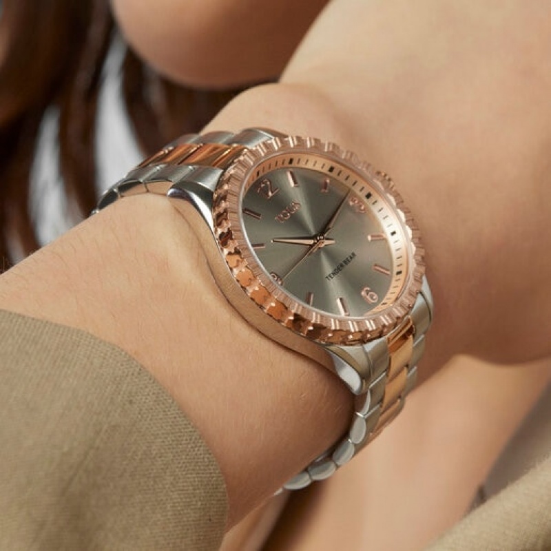 Tous Two Tone Steel Tender Bear With Embossed Bears Uhren Silber Rosa Gold | Österreich-LUBKYQ427
